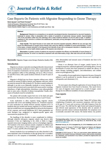 Journal of Pain & Relief – Case Reports on Patients with Migraine Responding to Ozone Therapy