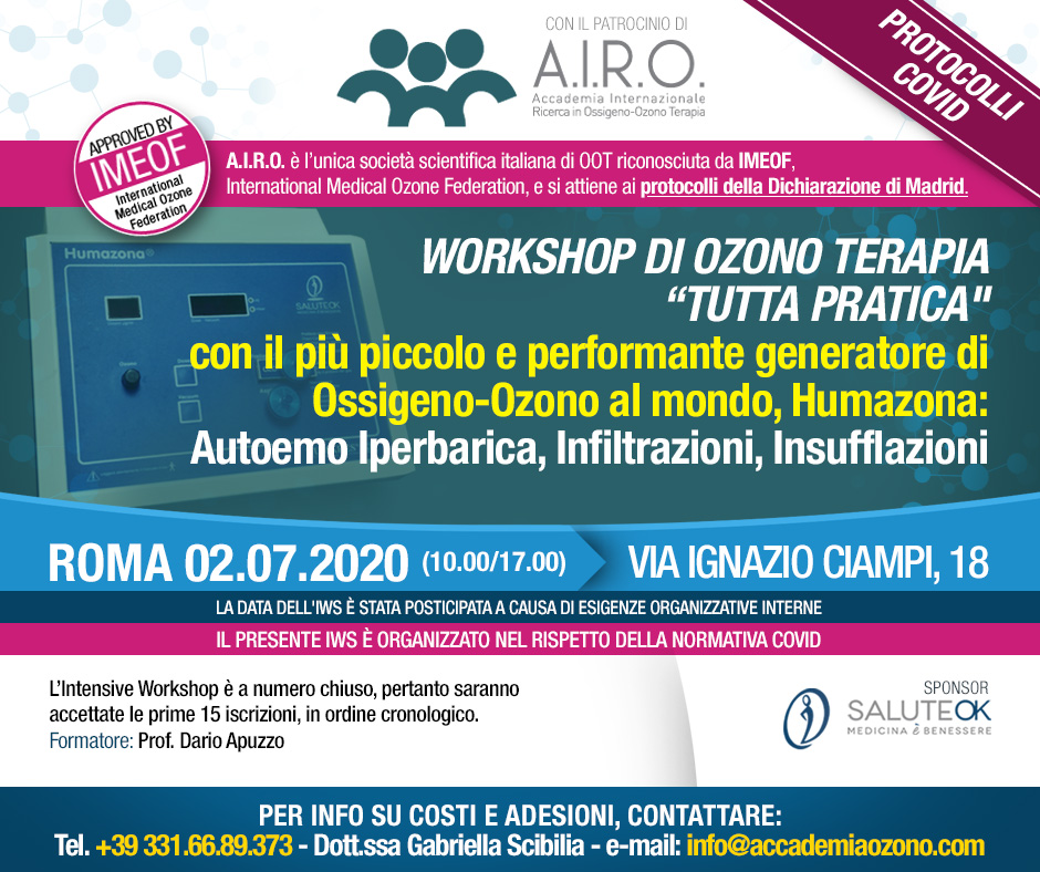 WORKSHOP PRATICO DI OZONO TERAPIA: generatore di Ossigeno-Ozono Humazona – Roma 02.07.2020